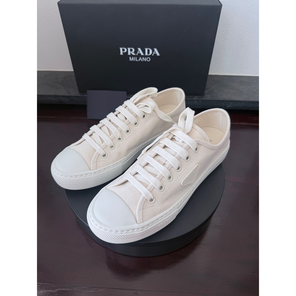 Prada 2EE446 Men's Wheel Cloth Sneakers White Low Top UK 9